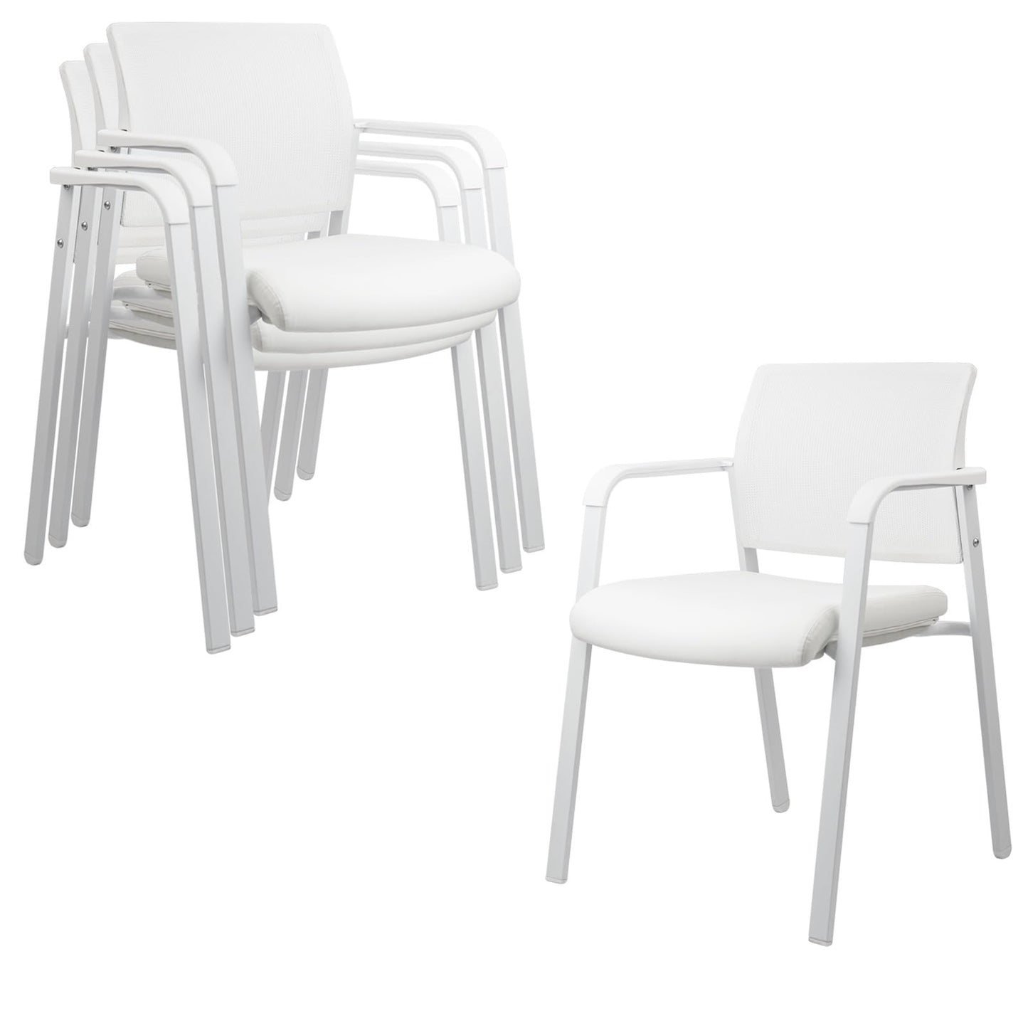 CLATINA Stacking Office Chairs | Mesh Back, Thicken Leather Seat and Arms, Ergonomic Lumber Support | Guest Reception, Waiting, Conference, School, Party, Customer, Side, Stationary | Set of 4, White