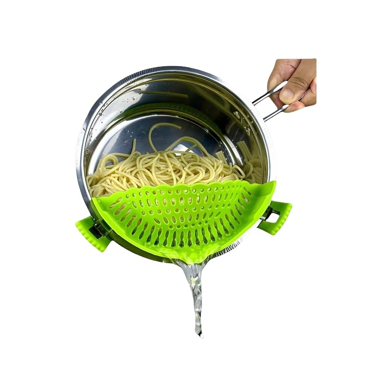 Clip On Strainer Silicone for All Pots and Pans, Pasta Strainer Clip on Food Strainer for Meat Vegetables Fruit Silicone Kitchen Colander (Green)