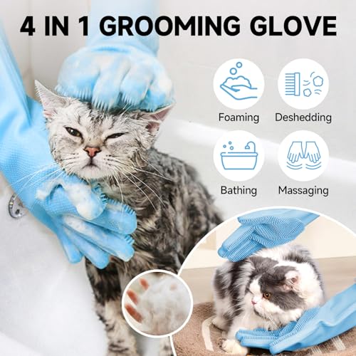 KUEIOX Dog Washing Gloves - Quick Drying Dog Towel,Cat Bath Grooming Gloves Brush with High-Density Teeth for Bathing Massaging,Absorbent Pet Bath Towel 30.3"x13.8" with Hand Pocket for Dog Cat Blue