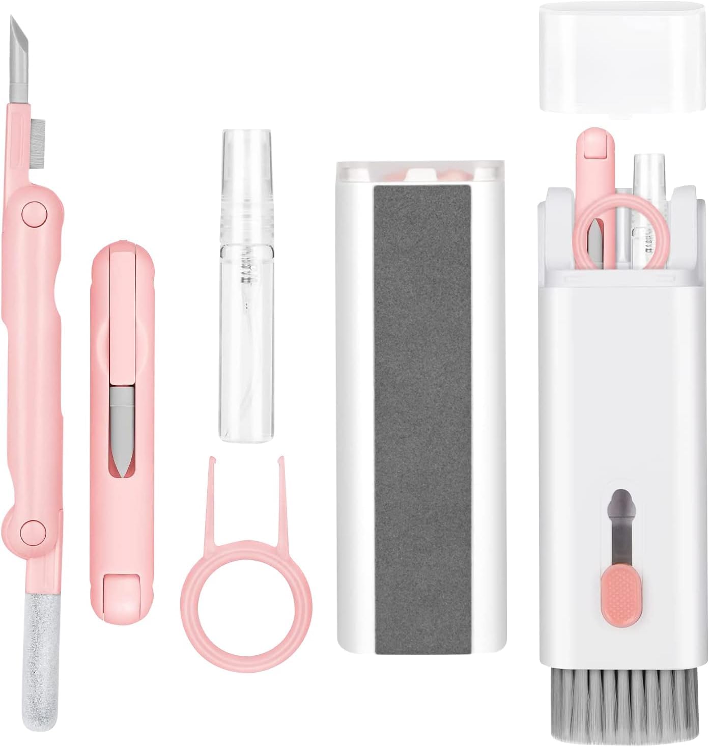 Electronic Screen 7 in 1 Keyboard Cleaner kit, Laptop Cleaner with Brush, Portable Multifunctional Cleaning Tool for Airpods pro/Laptop/Phone/Computer/Screen with 5ml Touchscreen Cleaners Mist (Pink)