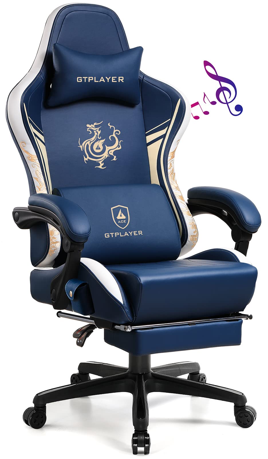 GTPLAYER Gaming Chair with Bluetooth Speakers and Footrest, Dragon Series Video Game Chair ,Heavy Duty, Ergonomic, Esports Computer Office Chair Blue (Royal Blue)