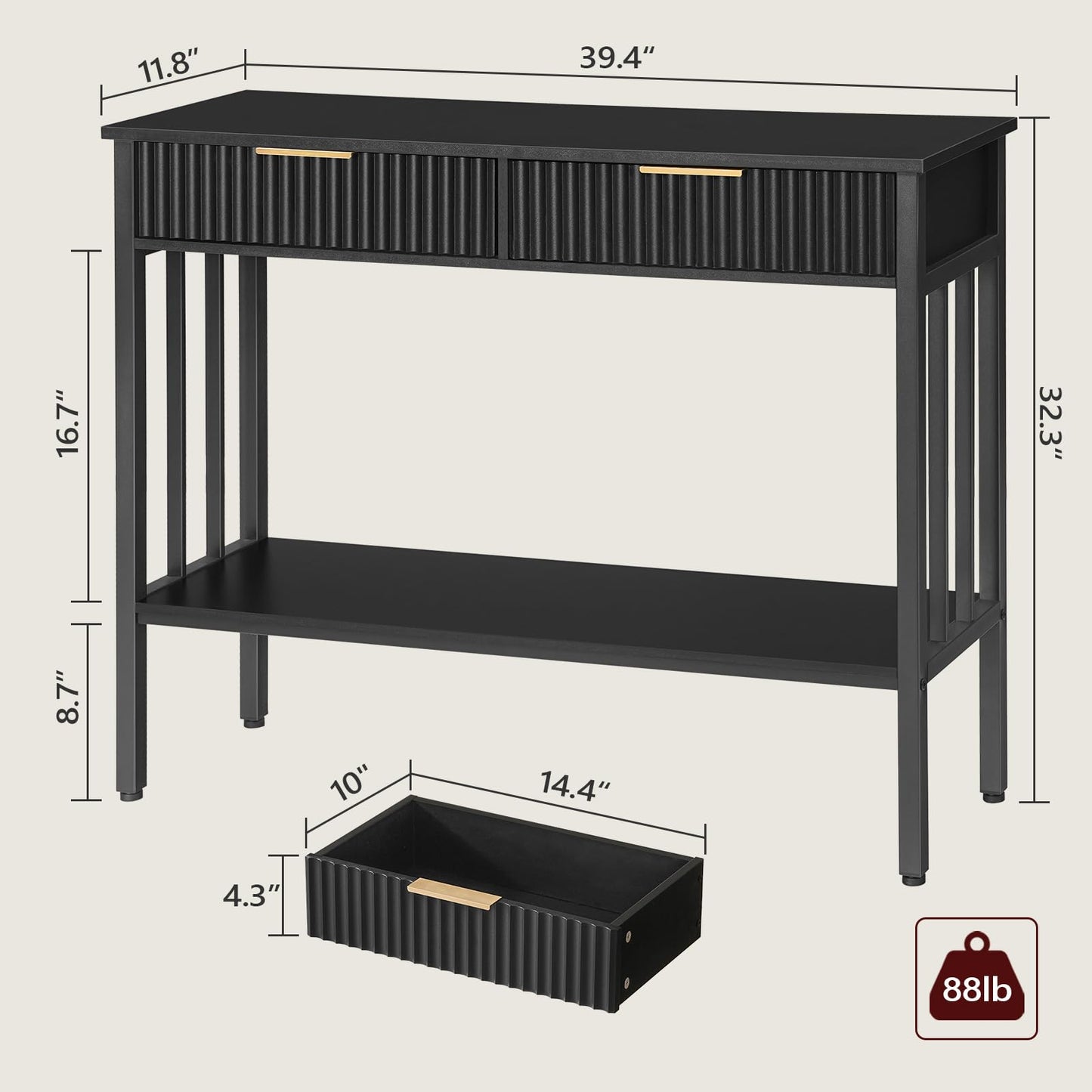 MAHANCRIS Console Table, Narrow Long Entry Table with Storage Shelf, 2-Tier Fluted Entryway Table with 2 Drawers, for Entryway, Living Room, Foyer, Hallway, Office, Black CTHB5101