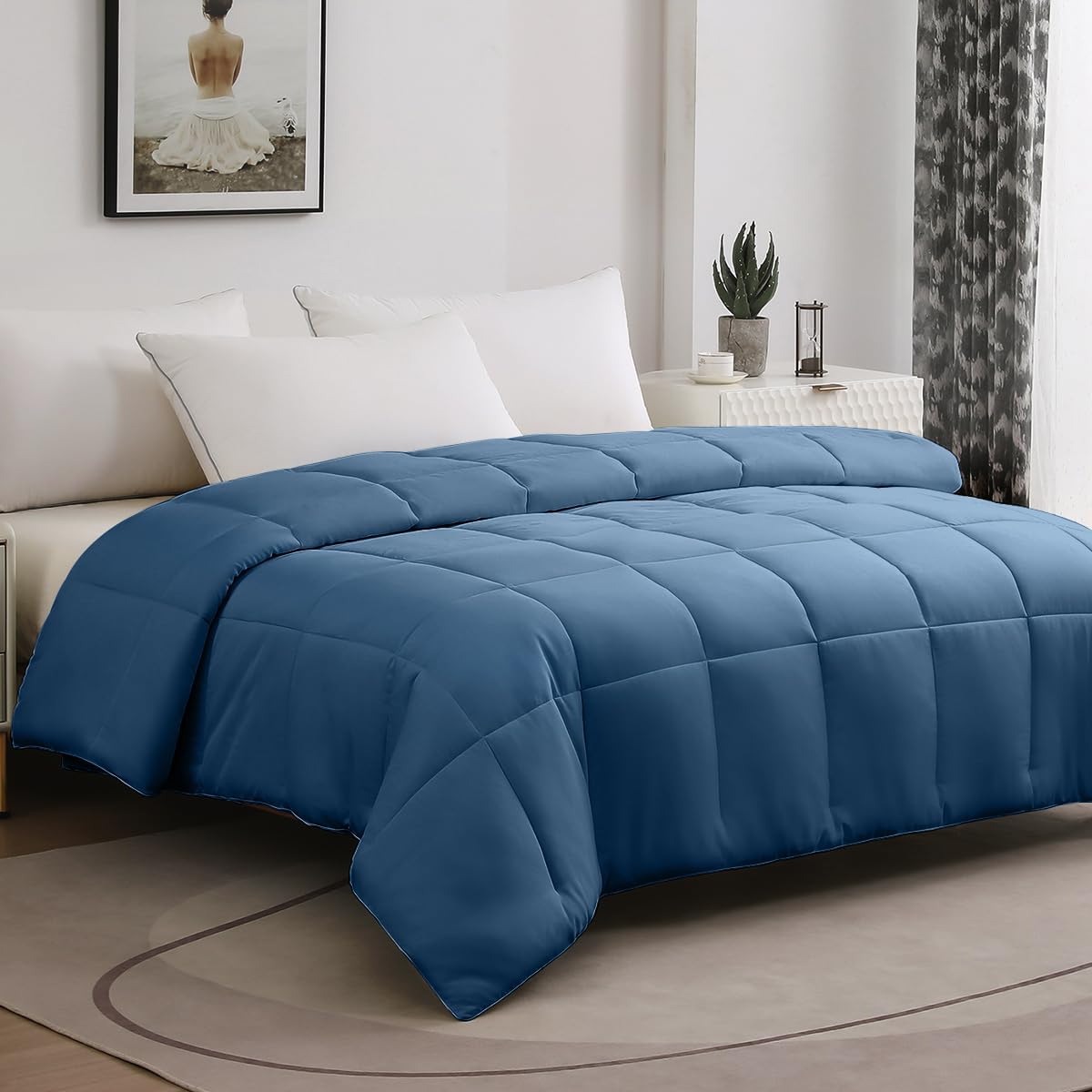 100% Viscose Made from Bamboo Comforter, Soft Lightweight King Size Summer Cooling Comforter Down Alternative Duvet Insert, 8 Corner Tabs(102x90 Inches, Dark Blue-Summer)