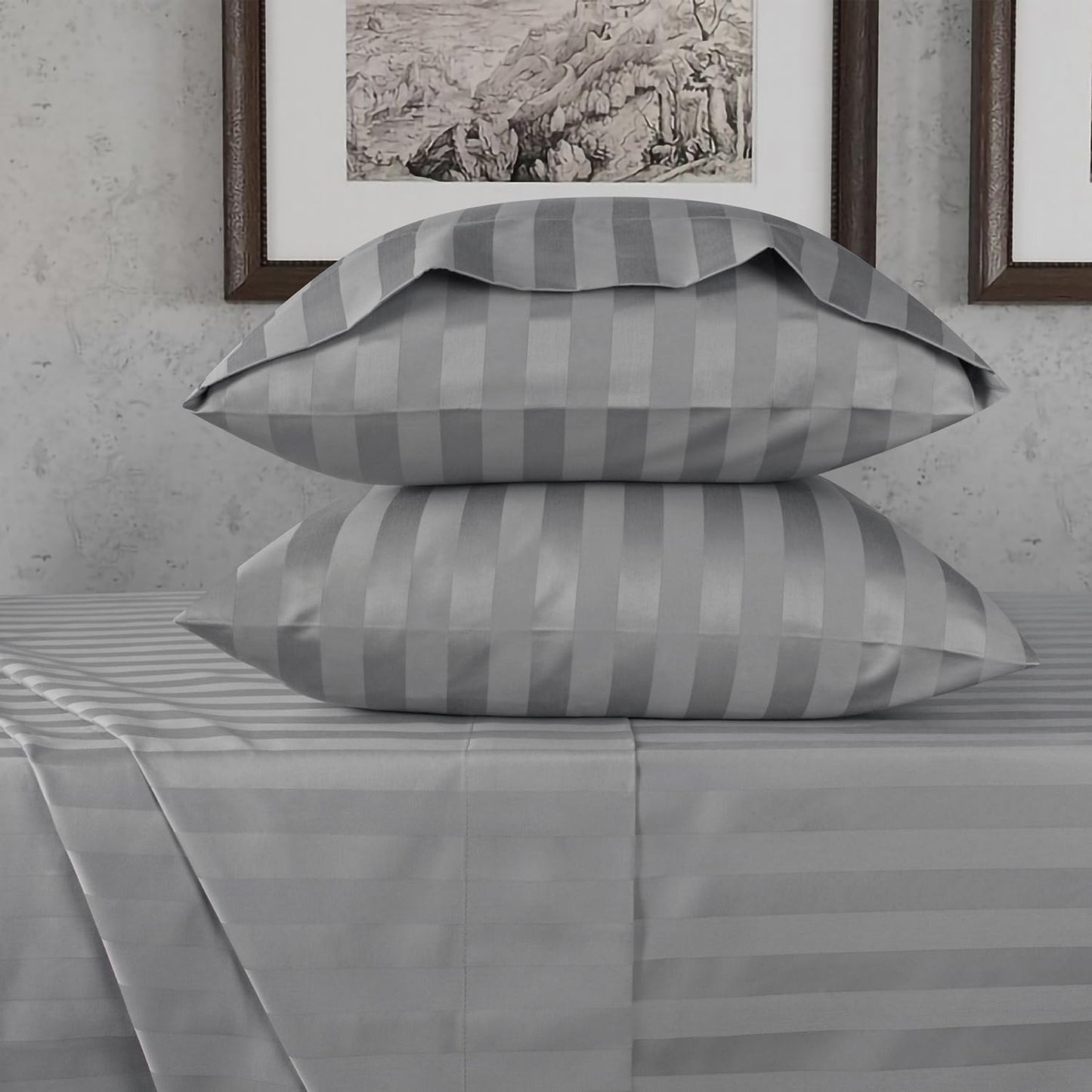 URBANHUT 800 Thread Count Egyptian Cotton Full Size Damask Striped Sheets Set (4 Pc) - Ultra Soft & Smooth, Thick & Crisp Sateen Weave Full Bedsheets, Fits Upto 16" Mattress - Dark Grey