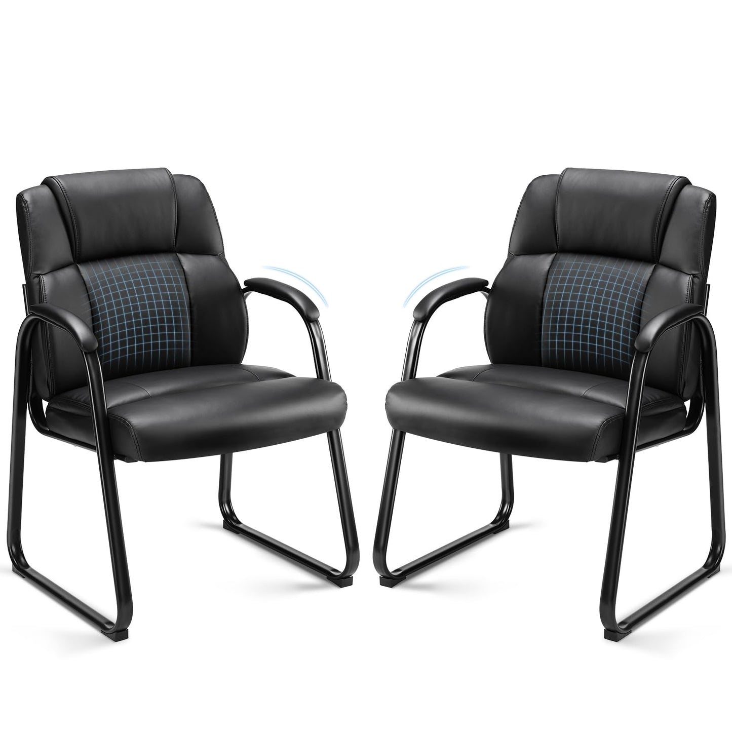 Sweetcrispy Waiting Room Guest Chair Set of 2, Leather Stationary Office Reception Chairs No Wheel, Comfy Padded Arms and Seld Base, for Conference Room Lobby Home Computer Desk Bedroom Elderly, Black