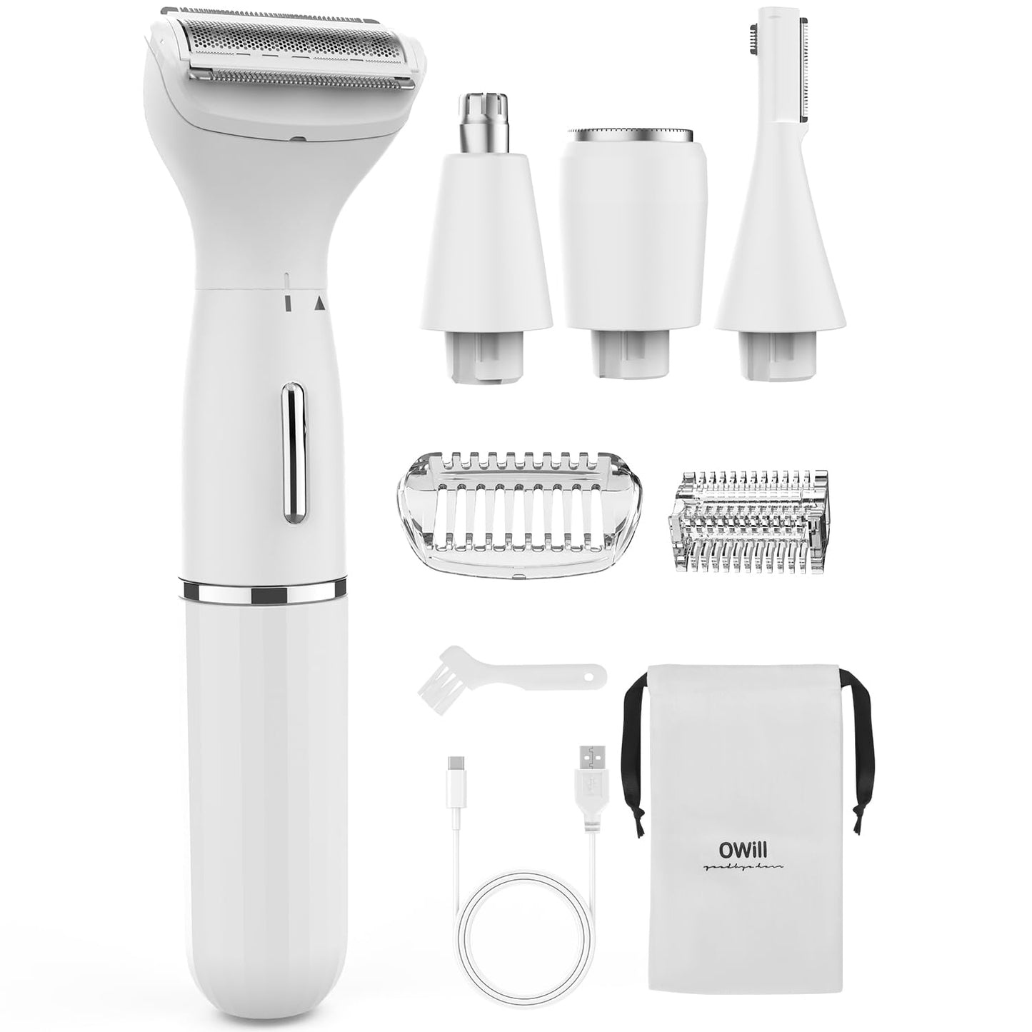 OWill Ear Nose Hair Trimmer for Men/Women 4in1 Flawless Eyebrow Facial Hair Remover Trimmer, Stainless Steel Blades, Type-C Charge, Waterproof, Suitable for Underarms Private Parts Moustache etc White