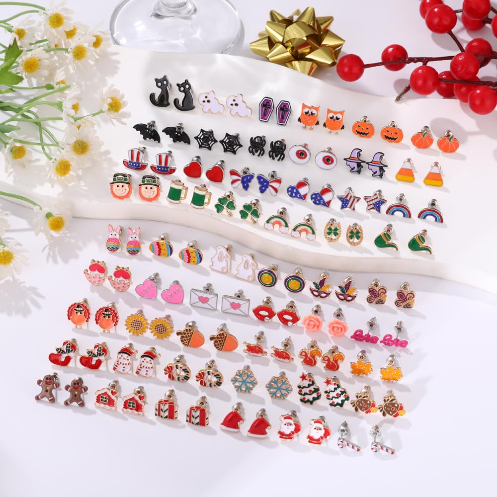 Yoshow 54 Pairs Hypoallergenic Holiday Earrings Variety Pack Cute Halloween Stud Earrings Bulk for Women Teens Fun Thanksgiving Christmas Earrings Set Fall Earrings Jewelry