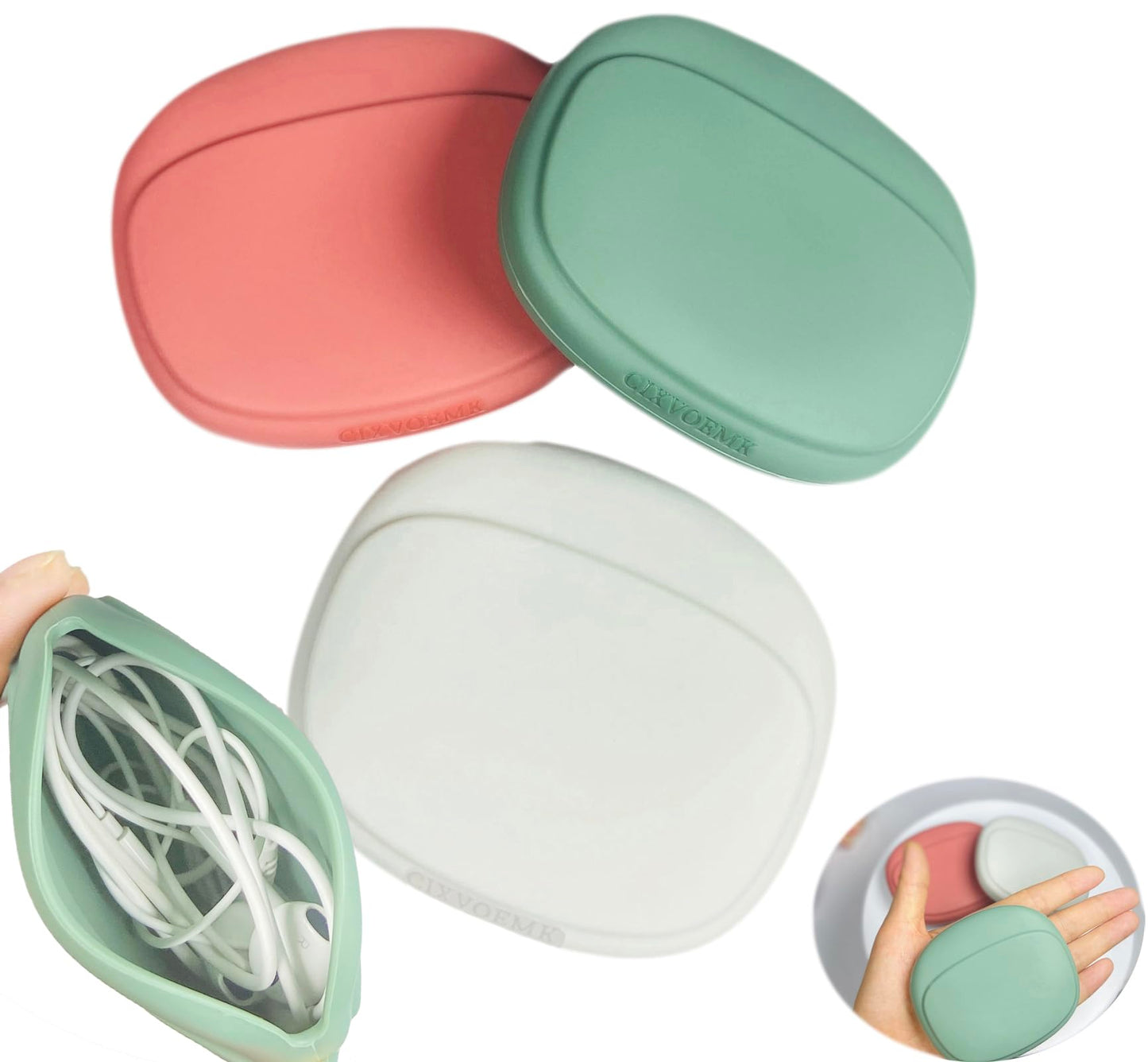 CIXVOEMK Silicone Headphone Organizer-Data Cable Storage Case-Mini Key Box-Portable Wired Headphone Organizer(Red-Grey-Green-3PCS)