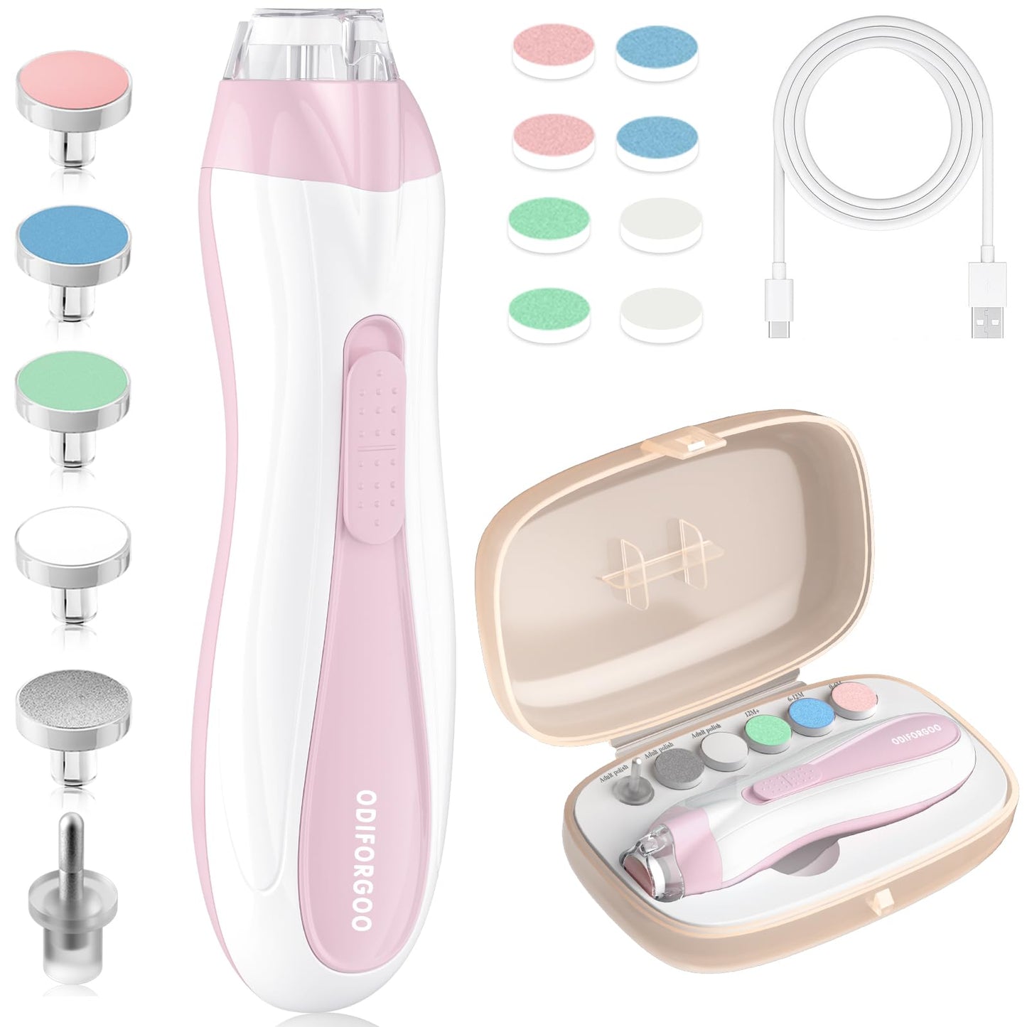 ODIFORGOO Baby Nail Trimmer Electric Baby Nail File,USB Charging 15 in 1 Nail Clippers kit with Dust Cover LED Light,Trim Buffer Kit for Newborn Infant Toddler or Adults Toes Fingernails Care(Pink)