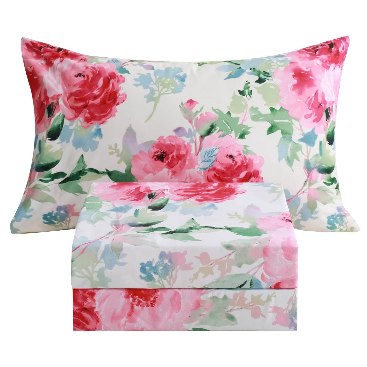 JSD Watercolor Rose Floral Sheet Set Twin Size, 3 Piece Soft Printed Microfiber Sheets Extra Deep Pocket