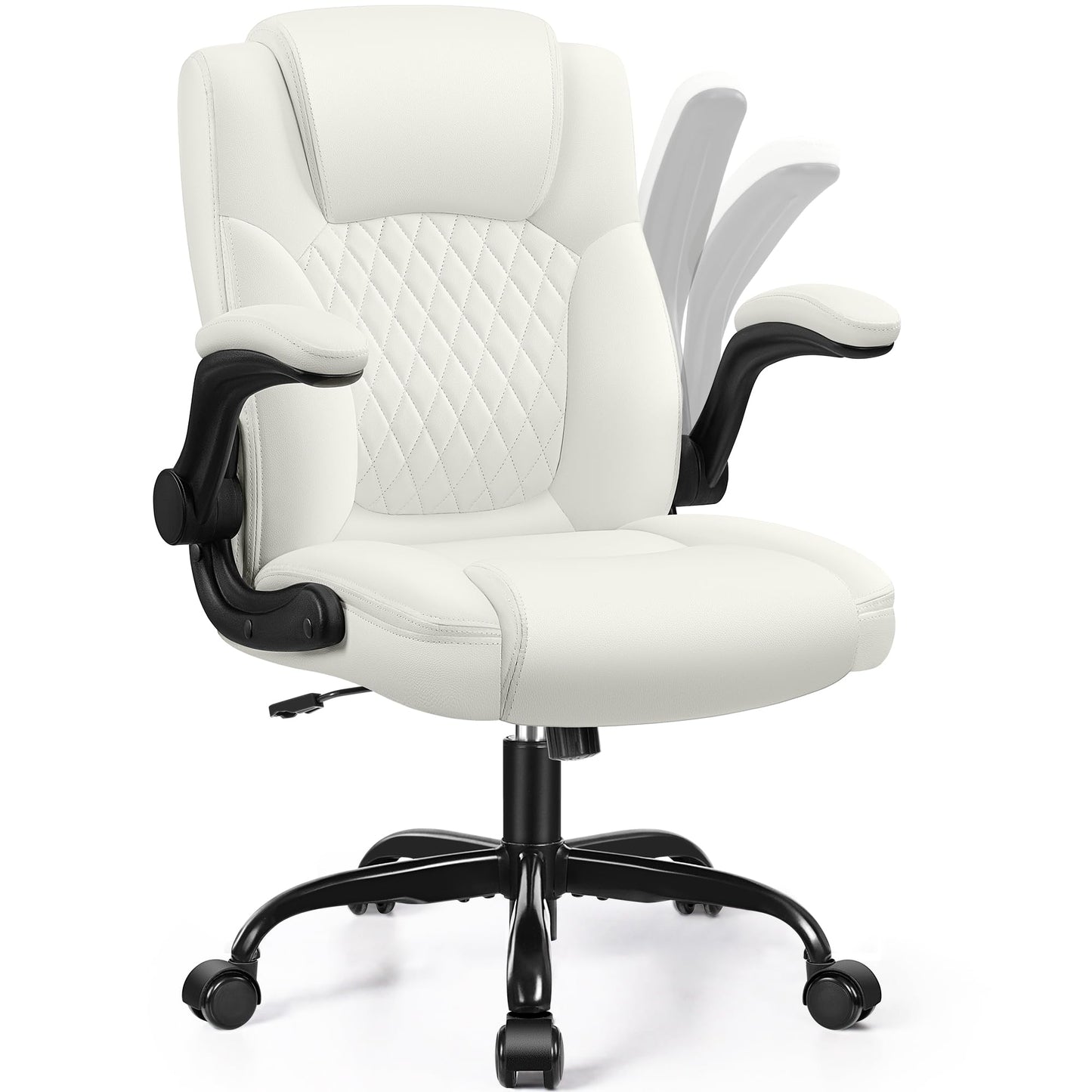 Leather Office Chair, PU Home Computer Desk Chairs with Ergonomic Back Support, 360° Swivel Free,Small Gmaing Chair with Wheels and Adjustable Armrests, for Short People Use, White