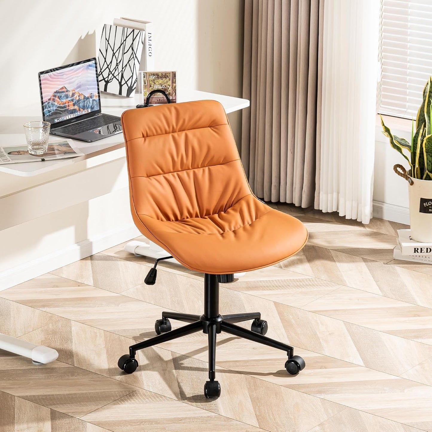 Kidol & Shellder Faux Leather Office Chair, Adjustable Swivel Height Task Chair, Rolling Wheels & Soft Backrest - Armless Ergonomic Desk Chair for Home, Office,Vanity,Gaming(Orange)