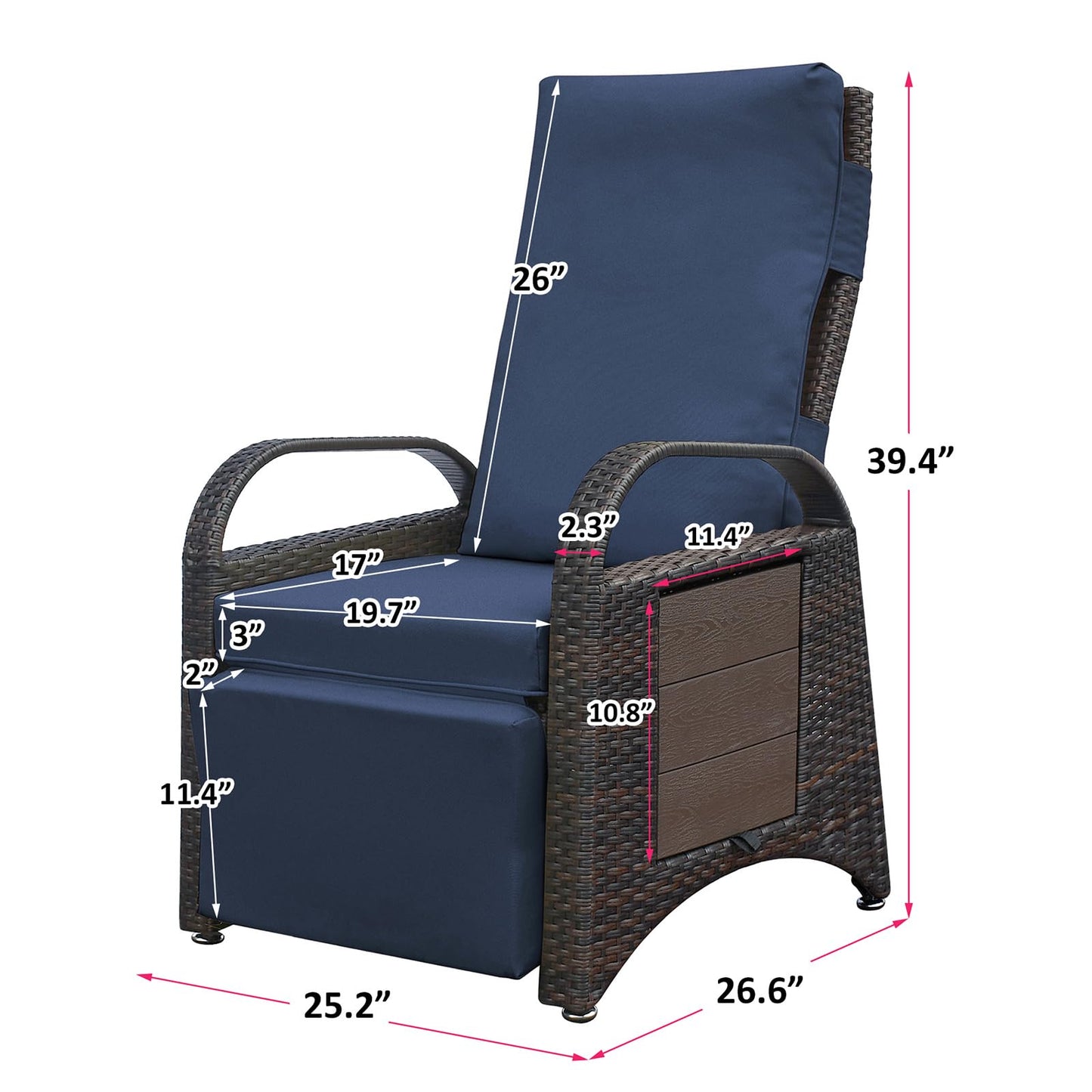 ATR ART TO REAL Outdoor Recliner Chairs, PE Wicker Reclining Lounge Chair with Removable Soft Cushion, Adjustable Outside Recliners for Patio, Porch, Poolside, Balcony, Lawn (Navy Blue, 1 PC)