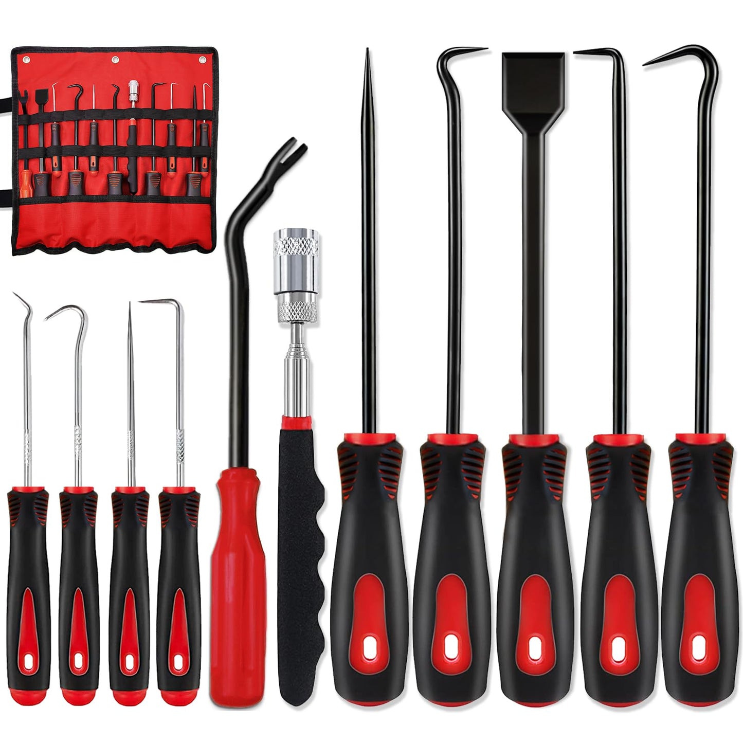 Keze 17 Pcs Hook and Pick Set Auto Trim Removal Tool Kit,Clip Plier Remover Tool Gasket Scraper Telescoping Magnetic Pickup Tool for Automotive Repair and Car Body Door Panel Fastener Removal