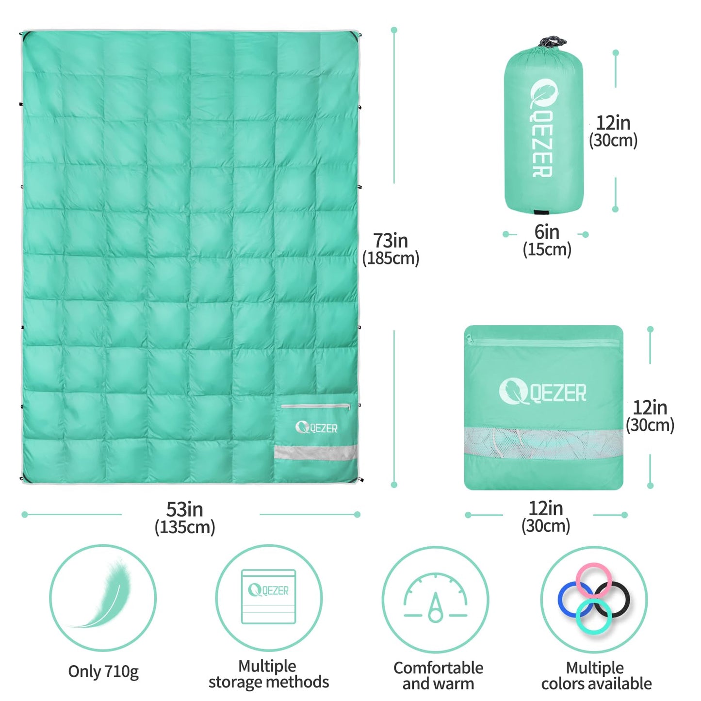 QEZER Down Camping Blanket Packable,600+Fill Power,Multi-Purpose Warm Camping Quilt for Outdoor Camping, Backpacking, and Hiking, 73x53 inches.(Light Green)
