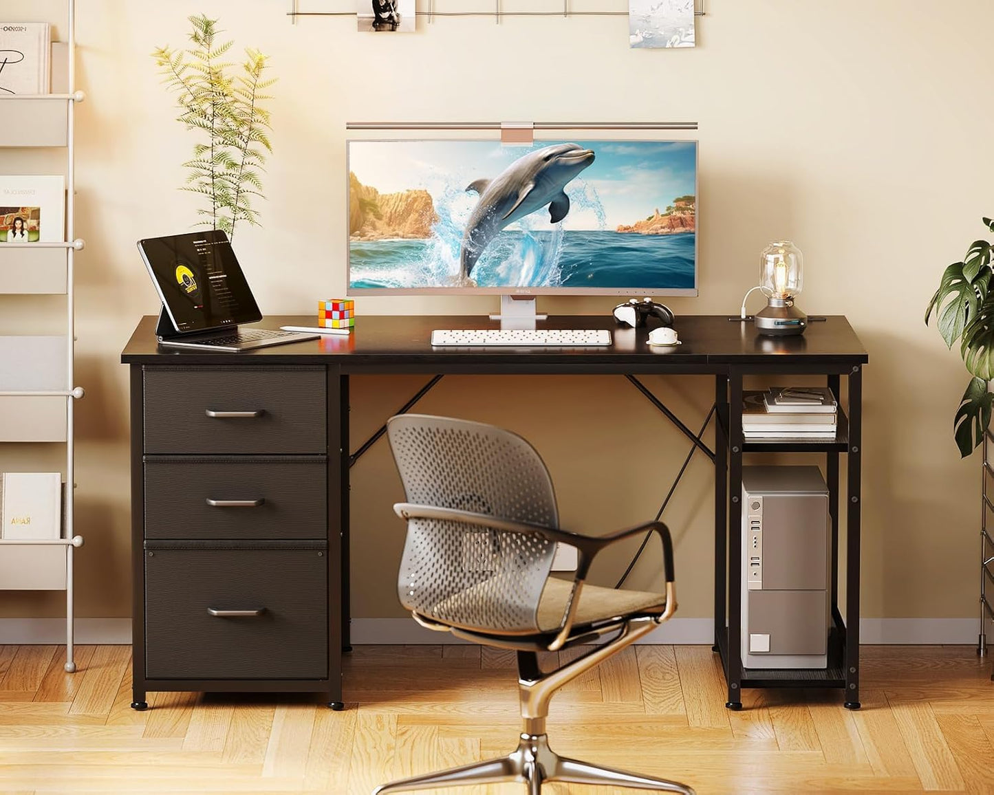AODK 51 Inch Computer Desk with Fabric Drawers & USB Power Outlets, Reversible Home Office Desk with Storage Shelves, Work from Home, Modern Work/Writing/Study Table for Bedroom, Black