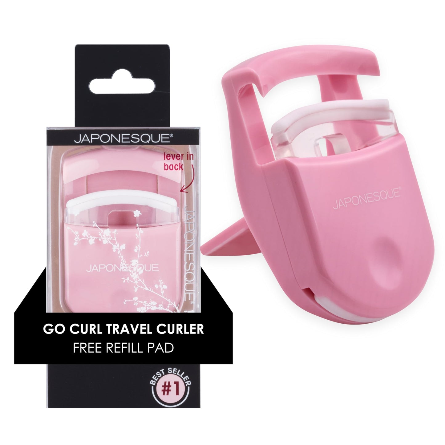 JAPONESQUE Travel Eyelash Curler, Pink - Plastic Eyelash Curlers for Travel Makeup, Go Curl Lash Curler with Bonus Replacement Lash Pad - 1 Pack