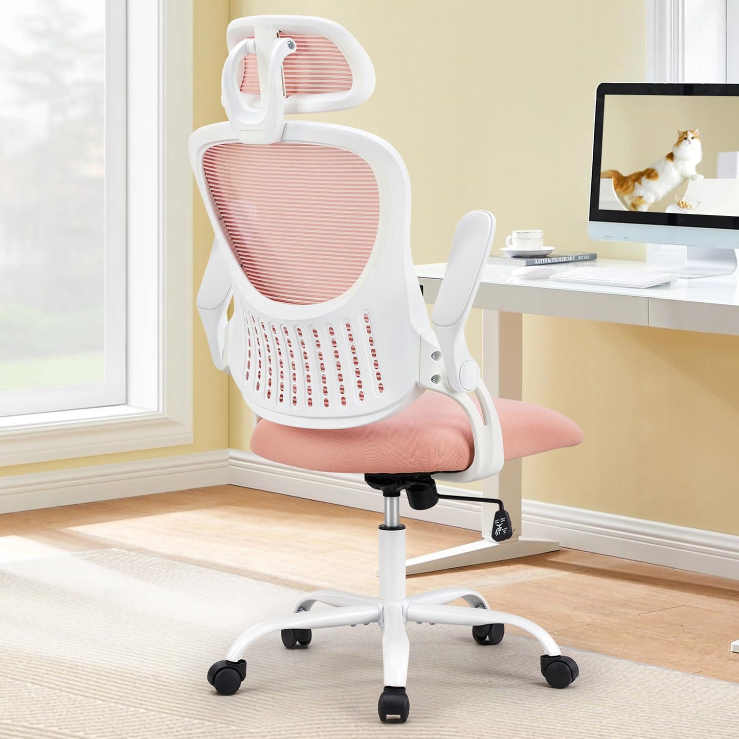 Sweetcrispy Home Office Computer Desk Chair, Ergonomic High-Back Mesh Rolling Work Chairs with Wheels and Adjustable Headrests, Comfortable Lumbar Support, Comfy Flip-up Arms for Bedroom,Study, Pink