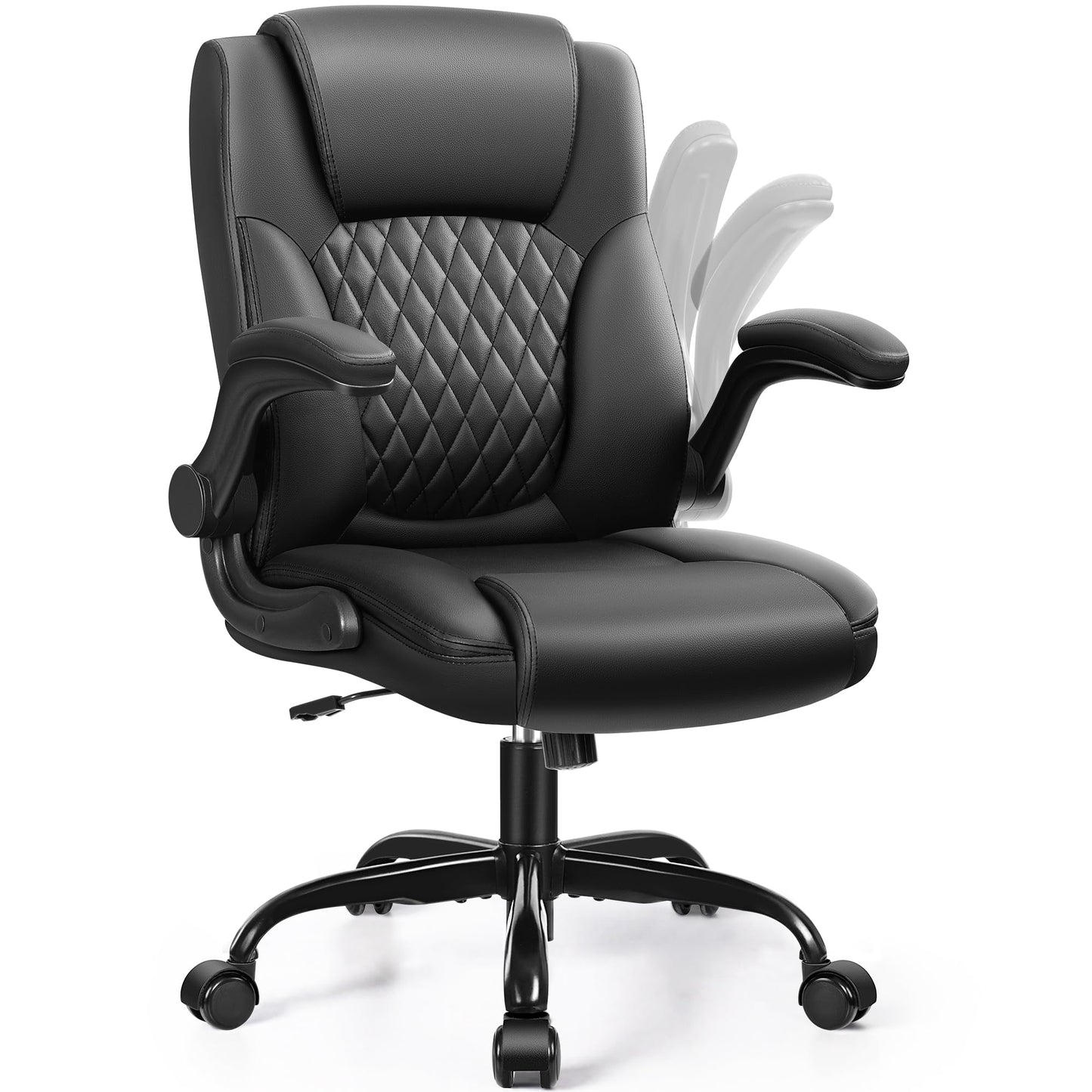 Leather Office Chair, PU Home Computer Desk Chairs with Ergonomic Back Support, 360°Swivel Free,Small Gmaing Chair with Wheels and Adjustable Armrests, for Short People Use, Black