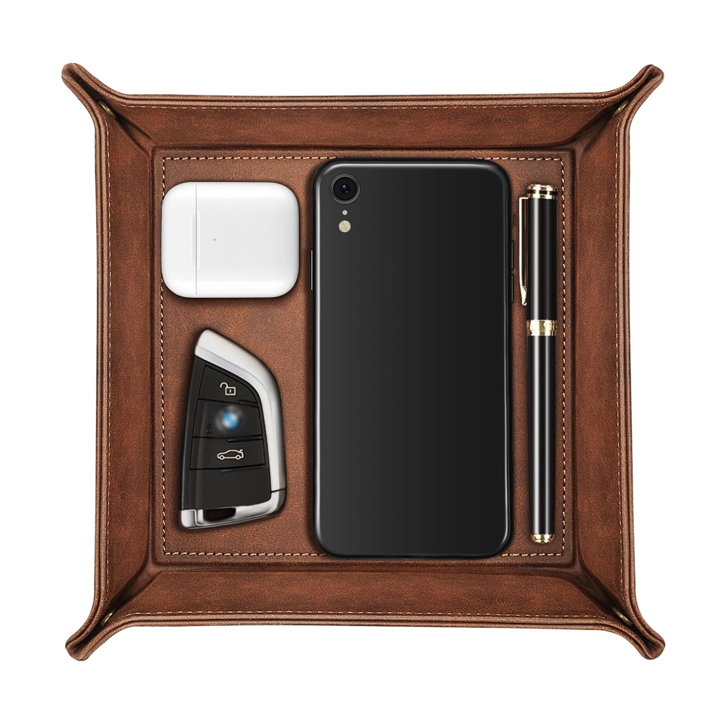 SITHON Valet Tray Desktop Storage Organizer – Premium PU Leather Catchall Bedside Vanity Tray Nightstand Caddy Holder for Remote Controller, Keys, Phone, Wallet, Coin, Jewelry, Brown