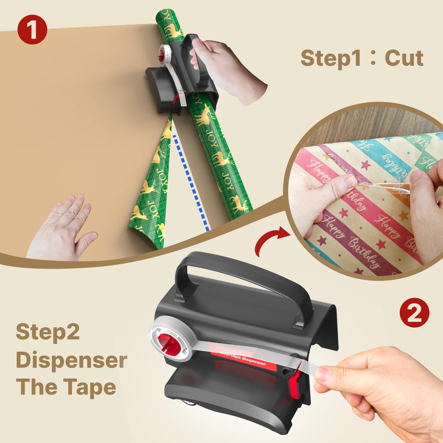 Wraprocut (2-Pack) Wheel Wrapping Paper Cutter & Tape Dispenser with 4 Tapes,2 Replace Blades Kit for Christmas Gift Wrap Cutter Tool Paper Roll Holder Tube Sliding Slicing for Birthday Holiday.