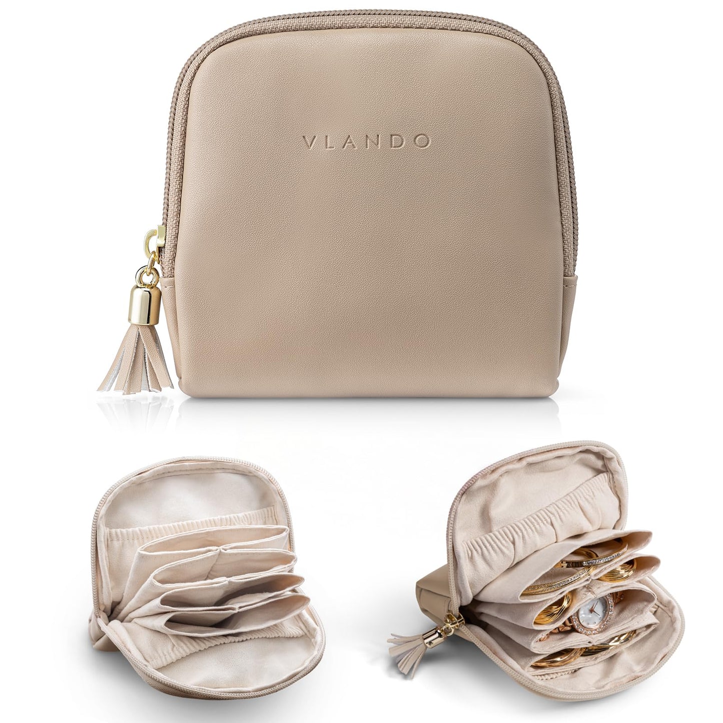 Vlando Small Jewelry Travel Case,Jewelry Pouch Bags with Zipper,Velvet Jewelry Organizer Storage Bag for Bracelet Rings Earring Travel Essentials-Toffee