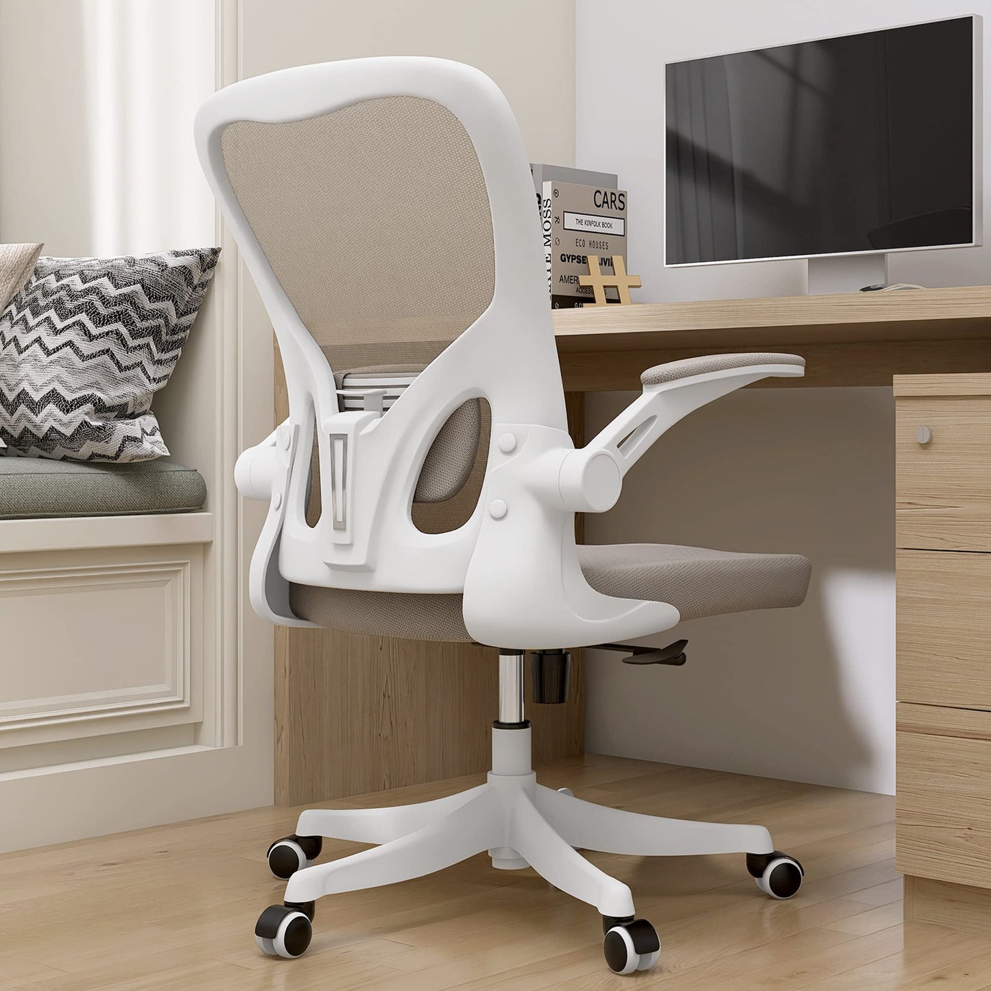 Monhey Office Chair Ergonomic Desk Chair with Lumbar Support&Headrest&Flip-up Arms Height Adjustable Rocking Swivel High Back Computer Chair Warm Taupe Mesh Study Chair (01Khaki)