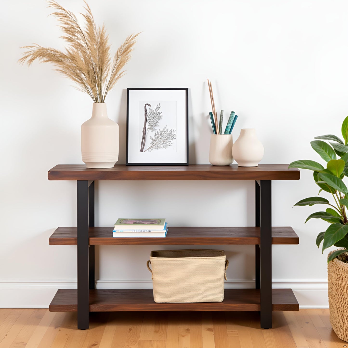 Alaterre Furniture Pomona 48" Solid Pine Wood Media Console Table with 2 Open Shelves and Metal Legs - 3-Tier Storage Display and Rustic Industrial Accent Furniture in Natural Finish