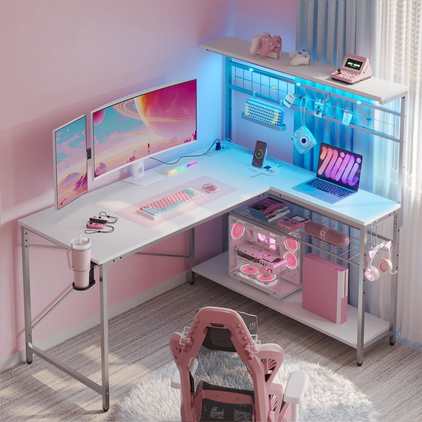 Bestier Gaming Desk 51" L-Shaped, with Power Outlets & LED Lights- 4 Tier Shelves, Reversible Gamer Table with Hooks & Cup Holder for Home Office,Carbon Fiber White