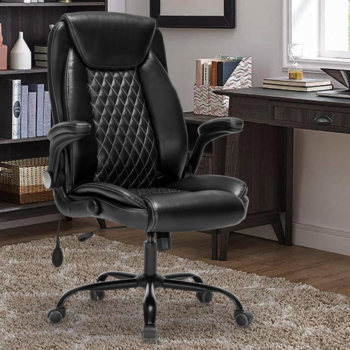 Office Chair, High Back Executive Desk Chairs, Ergonomic Home Computer Chair with Flip Up Armrests and Inflatable Lumbar Support, Leather Swivel Rolling Chair, Adjustable Height & Tilt (Black)