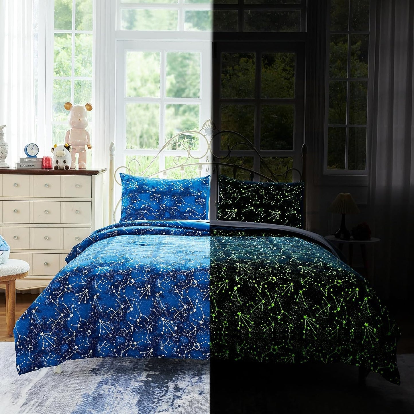 Cokouchyi Full Comforter Sets for Boys Girls, Glow in The Dark Kids Bedding Sets, 5 Pcs Full Bed in a Bag with Comforter, Sheets, Pillow Sham, Galaxy