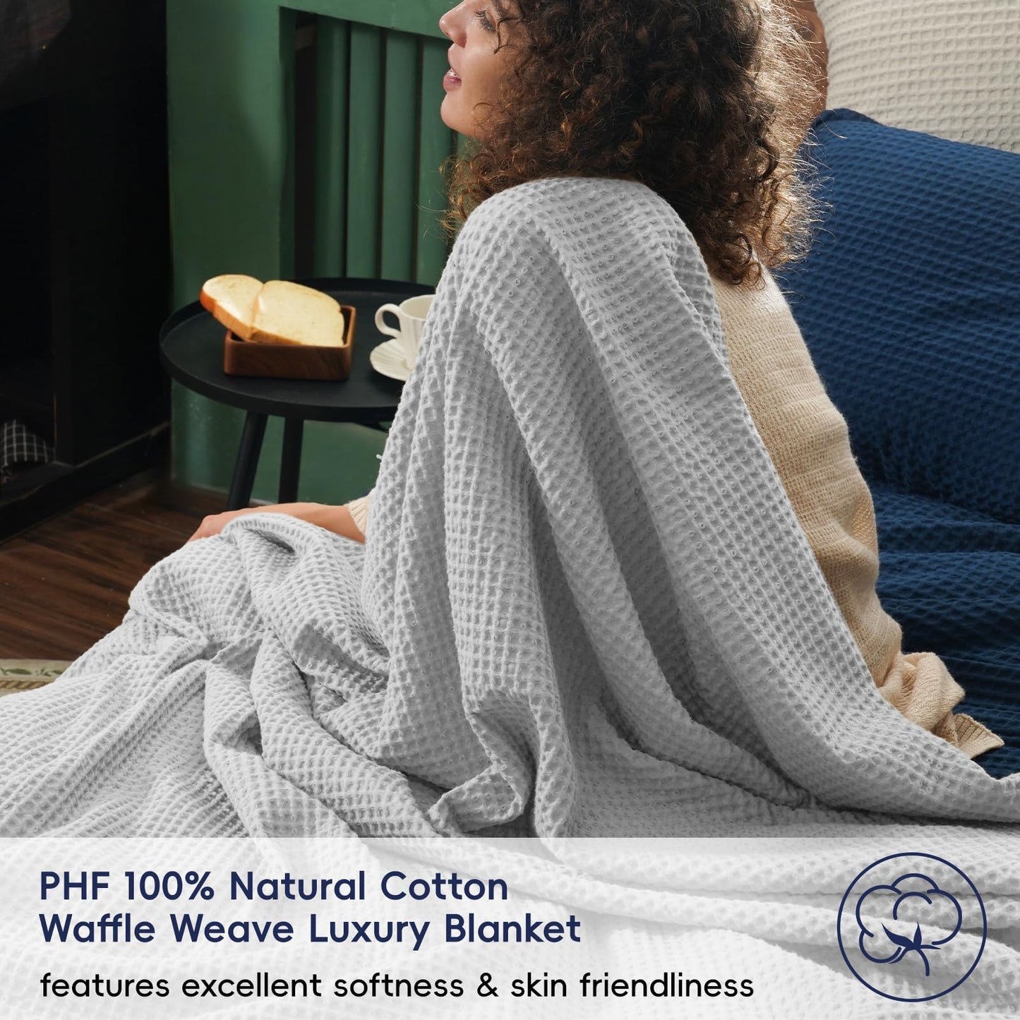 PHF Pre-Washed Cotton Waffle Weave Blanket King Size for Bed,Snag Proof Throw Blanket for Couch Spring Summer Lightweight Breathable,Oeko-TEX Certified,Machine Washable,Home Decor Gift,Light Grey