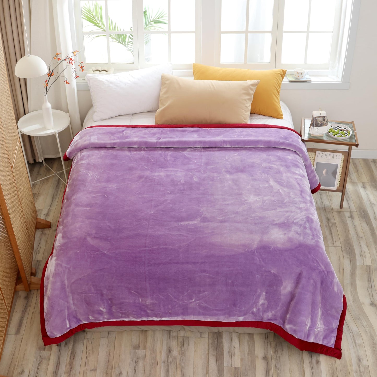 Hiyoko 11.5lbs Heavy 2Ply Embossed Blanket Reversible - Thick Warm Korean Mink No-Lints, Valentineβs San Marcos Fleece Blanket, Mexican Blankets for Adults 85" x 95" Burgundy/Lavender