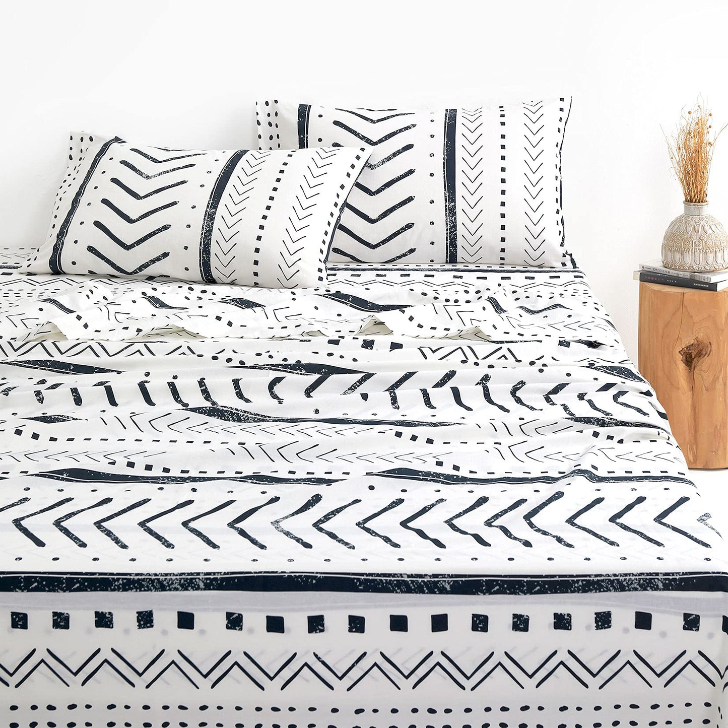 Wake In Cloud - Aztec Bed Sheets, 100% Cotton, 4-Piece Sheet Set, Geometric Western Modern Pattern Neutral Aesthetic Bedding, Deep Pocket, Black White, King Size