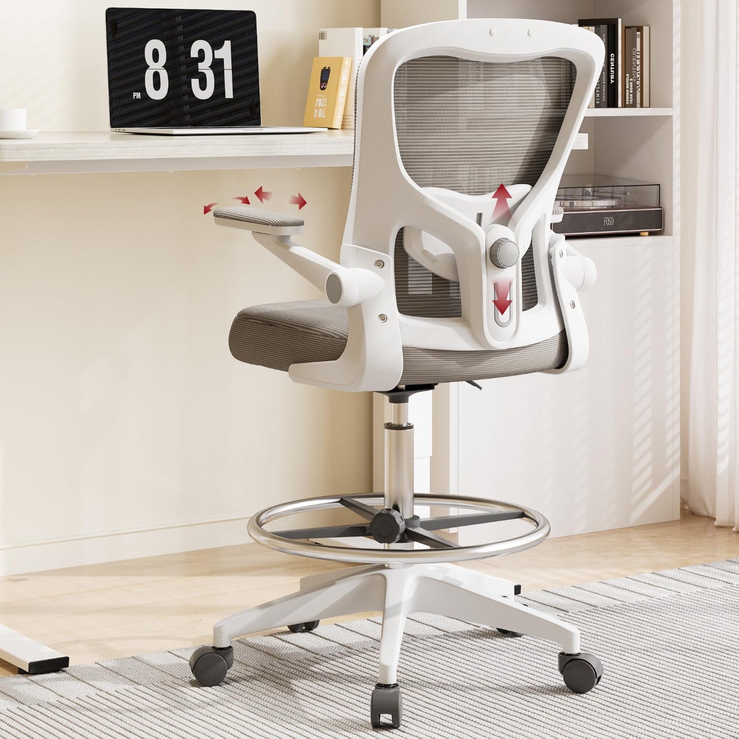 SANODESK Ergonomic Drafting Chair - Standing Desk Chair with Breathable Mesh 2D Lumbar Support 3D Flip up Armrest and Footring Rolling 360° Swivel Computer Chair for Home Office Grey