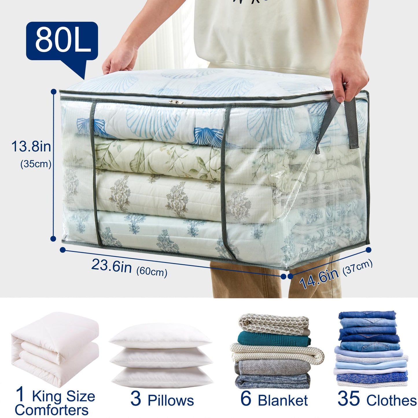MKOKYD 80L Clear Large Storage Bag, Clothes Storage Containers for Organizing Closet, Bedroom, Underbed, Comforters, Clothing, Blankets, Pillow, Foldable Organizer with Sturdy Handle and Zippers (4)