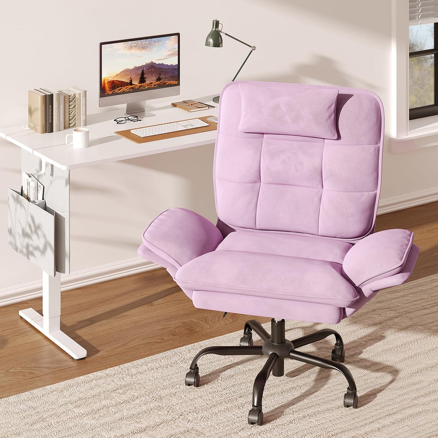 Bestier Cross Legged Office Chair, Criss Cross Chair with Adjustable Arms, 135° Reclining Velet Executive Chair with Wheels, Big and Tall Computer Desk Chair for Home, Office - Pink