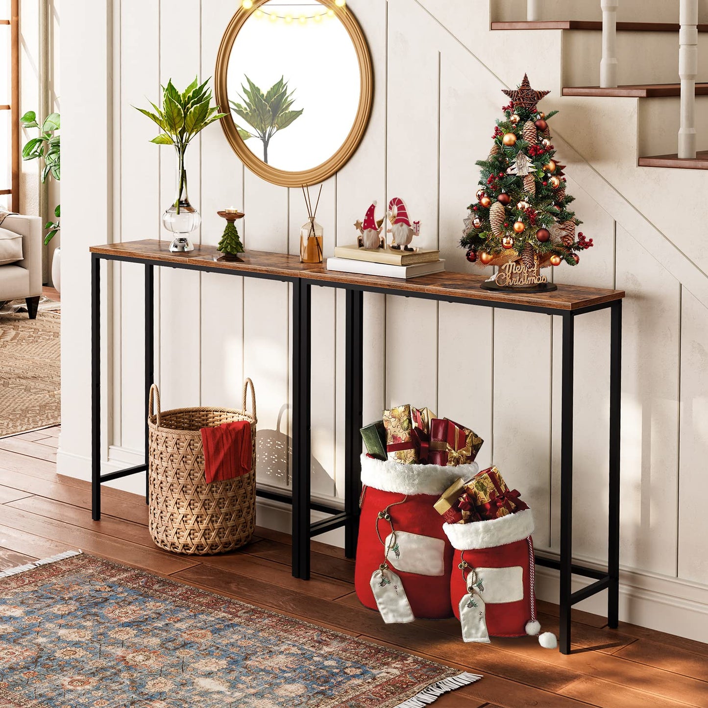 HOOBRO Narrow Console Table, 29.5" Small Entryway Table, Thin Sofa Table, Side Table, Display Table, for Hallway, Bedroom, Living Room, Foyer, Rustic Brown and Black BF75XG01