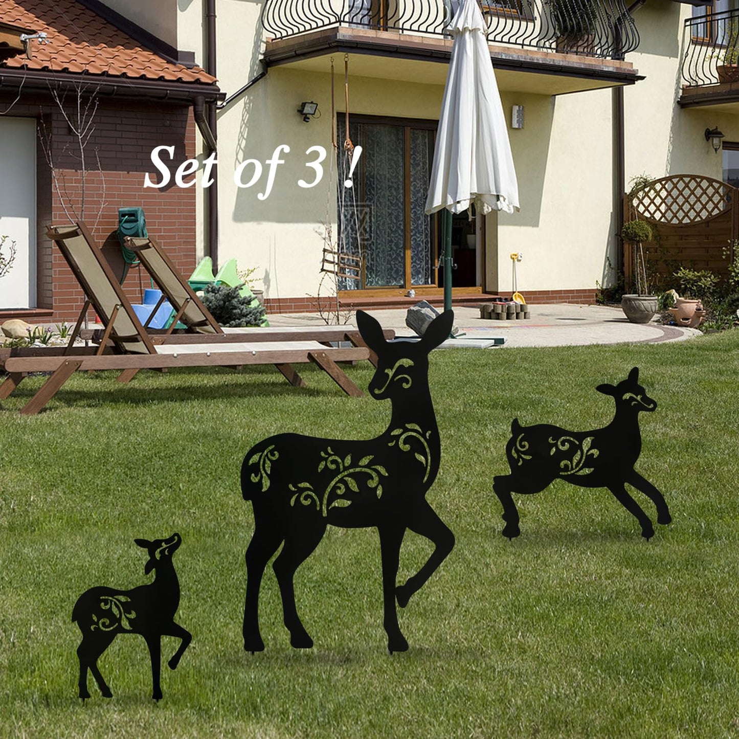 Hokfirm Outdoor Deer Stakes, Set of 3 Metal Deer Garden Decor for Outside,Black Silhouette Yard Art(Deer Black)
