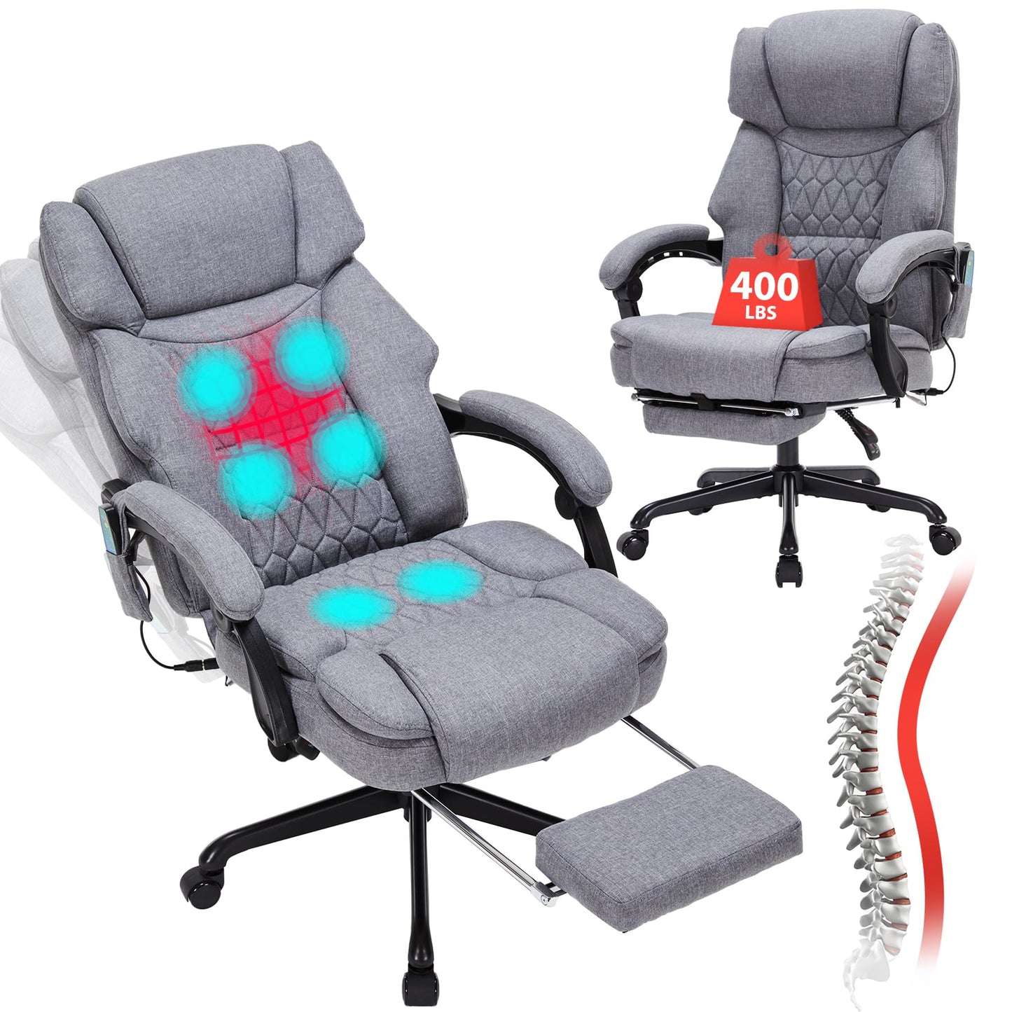 Massage Office Chair with Heat,Reclining Office Chair with Foot Rest,6 Points Vibration Home Desk Chairs for Heavy People 400lbs,Ergonomic Managerial Executive Chair (Grey)