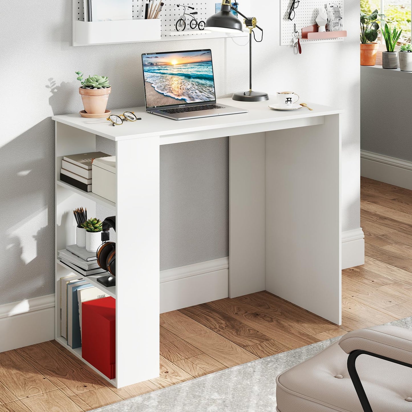 Tangkula Small White Desk with 3-Tier Bookshelf, Modern Simple Home Office Desk for Small Space, Wooden Writing Desk for Study, Living Room & Bedroom, Compact Laptop PC Workstation (White)