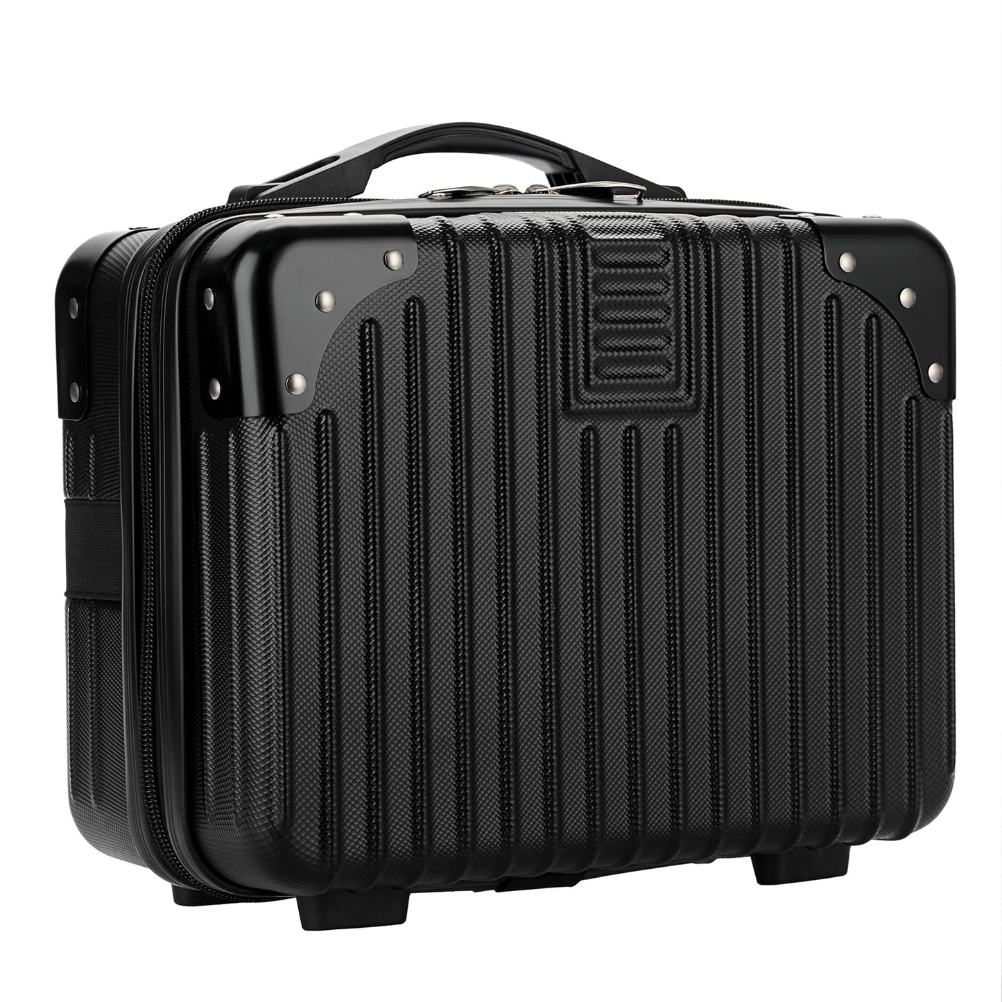 BSTKEY Portable Hard Shell Cosmetic Travel Case, Small Travel Hand Luggage with Elastic Band, Mini ABS Carrying Makeup Case Suitcase, Black