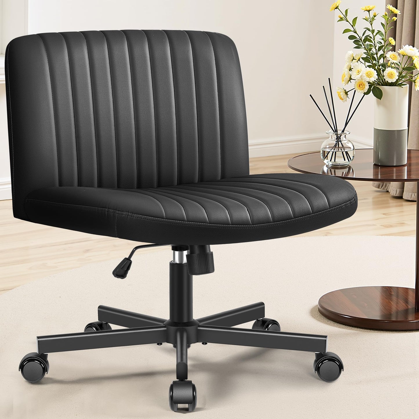 Brick Attic Criss Cross Office Chair with Wheels, Armless Cross Legged Desk Chair, PU Leather Height Adjustable Vanity Chair, Comfortable Swivel Computer Task Chair for Home Office Livingroom Black