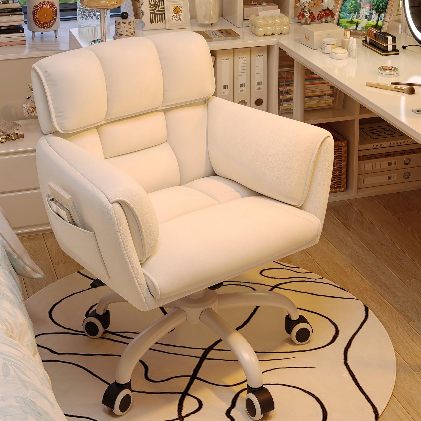 DurayLoly Home Office Chair with Wheels Soft-Touch Material,Modern Cute Vanity Chair with Back Adjustable Height Upholstered Comfy Desk Chairs with Side Pockets for Bedroom,White