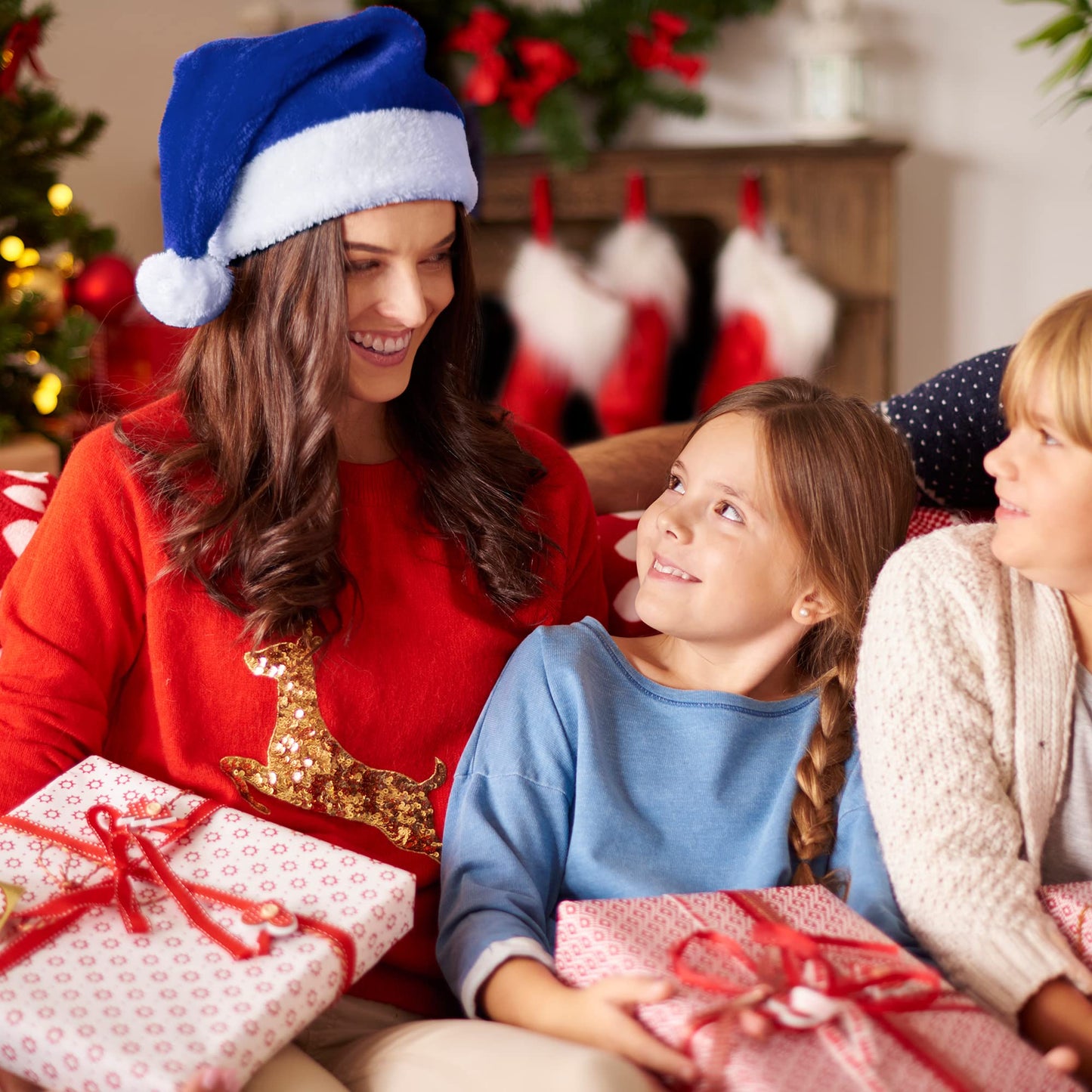 YASUOA Blue Santa Hats Christmas Hat Xmas Claus Cap Bulk Navy Short Plush Comfort Party Decor for Women Men Kids (9 Pieces)