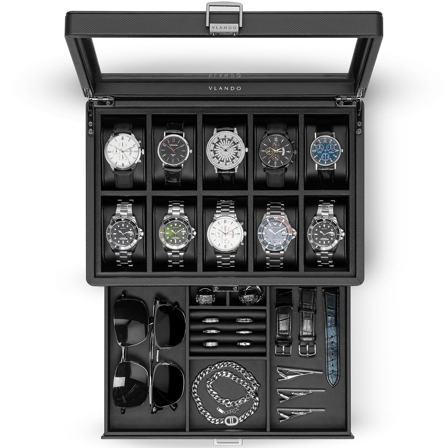 Vlando Watch Box 10 Slots, Lockable Watch Case with Textured Leather, 2 Layer Watch Holder for Rings, Glasses, Mens Jewelry Box with Glass Lid, Removable Divider, Gifts for Father, Husband, Black