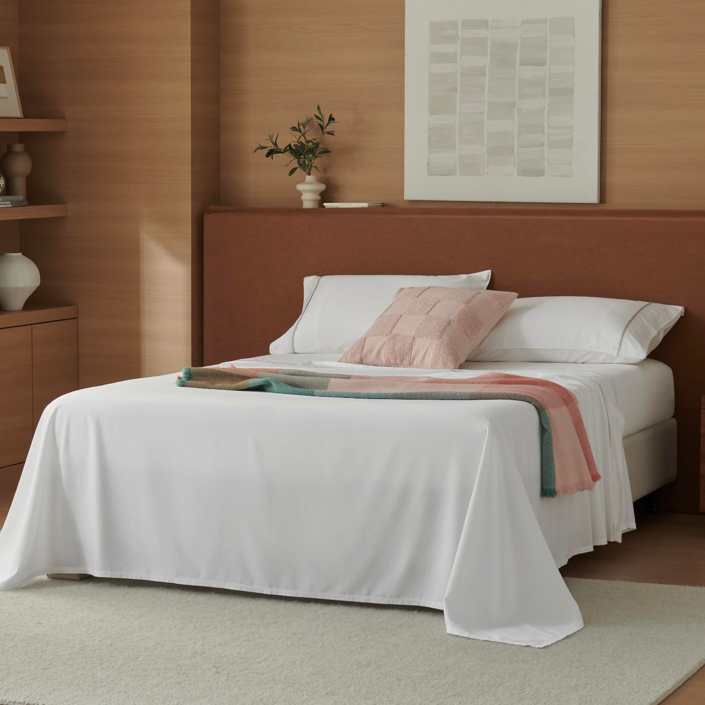 Double Stitch Cotton Tencel Sheet - Bed Sheets Set King Size, 4Pc Luxury Hotel Bedding Set, Soft, Cooling & Breathable for Hot Sleepers, Deep Pocket Up to 16 Inches, Bright White Contrast