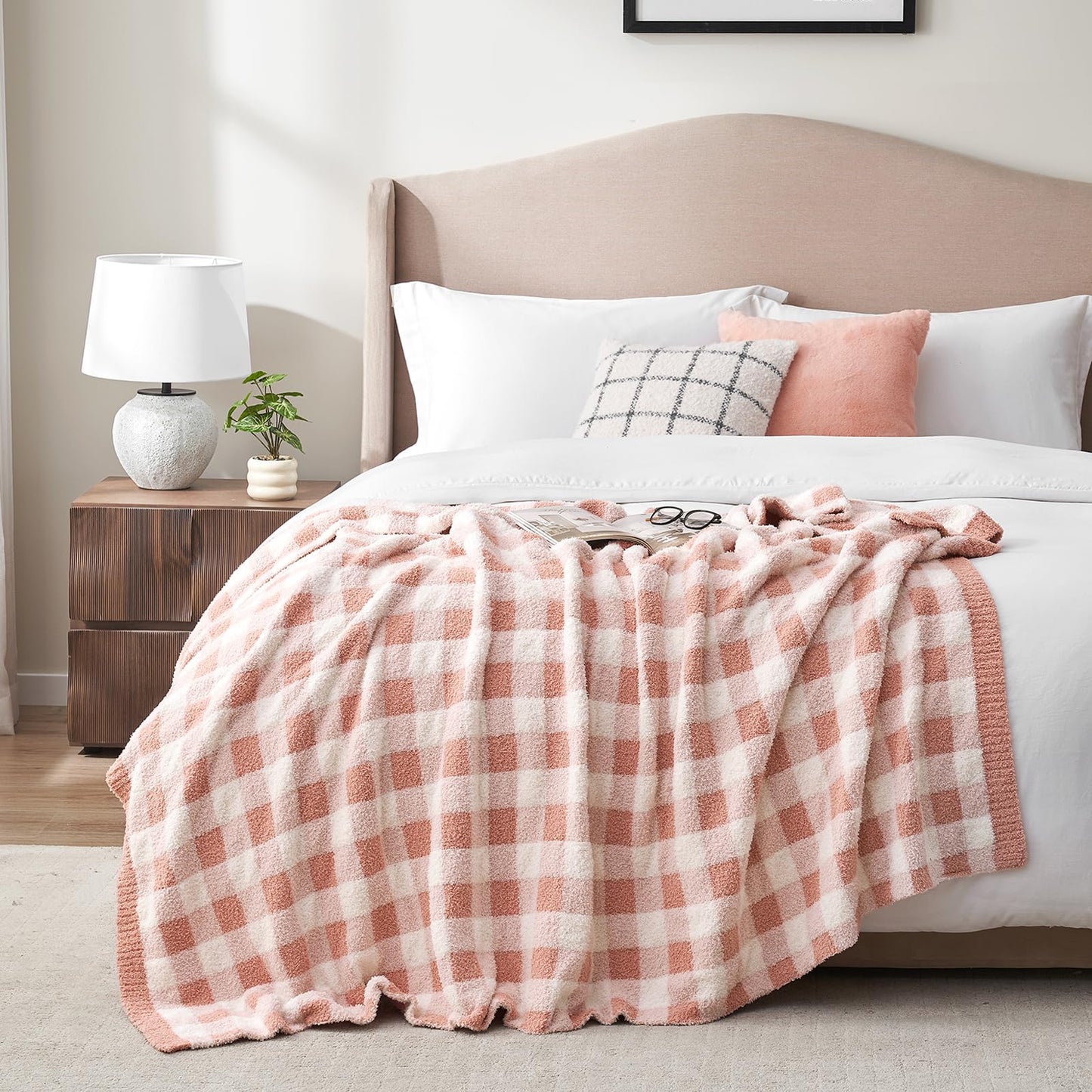 Snuggle Sac Buffalo Plaid Throw Blanket for Couch, Super Soft, Cozy Warm Knit Decorative Blankets, Reversible Plaid Fluffy Throws for Sofa, Bed, Plaid Pink, 50x60 Inches