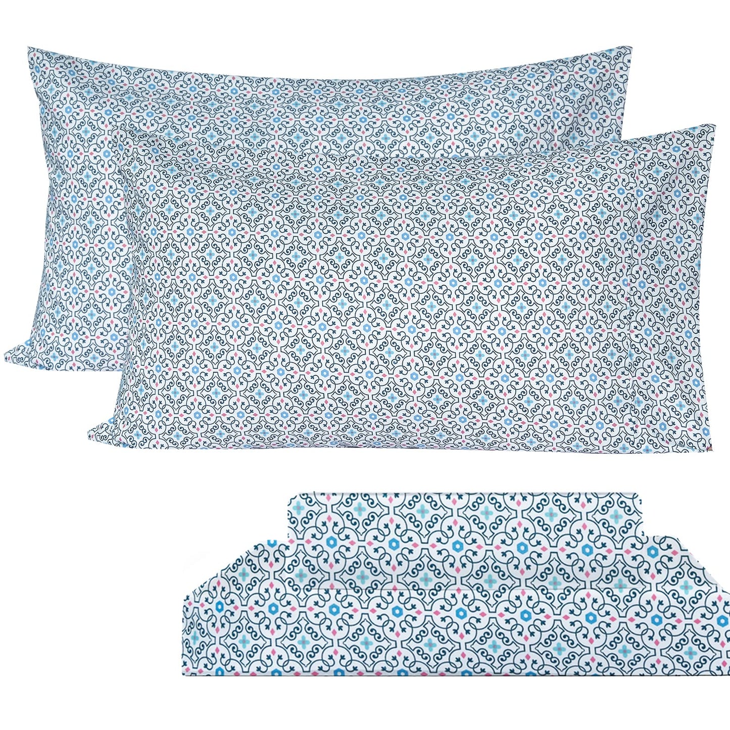 KACEMOO Blue Printed Sheets Floral Sheet Queen Bed Sheet Set 4PC Boho Sheets Queen Cooling Soft 17”Deep Pocket Microfiber Brushed Sheet, Easy Care, Breathable, Wrinkle Free, Machine Washable Bed Set