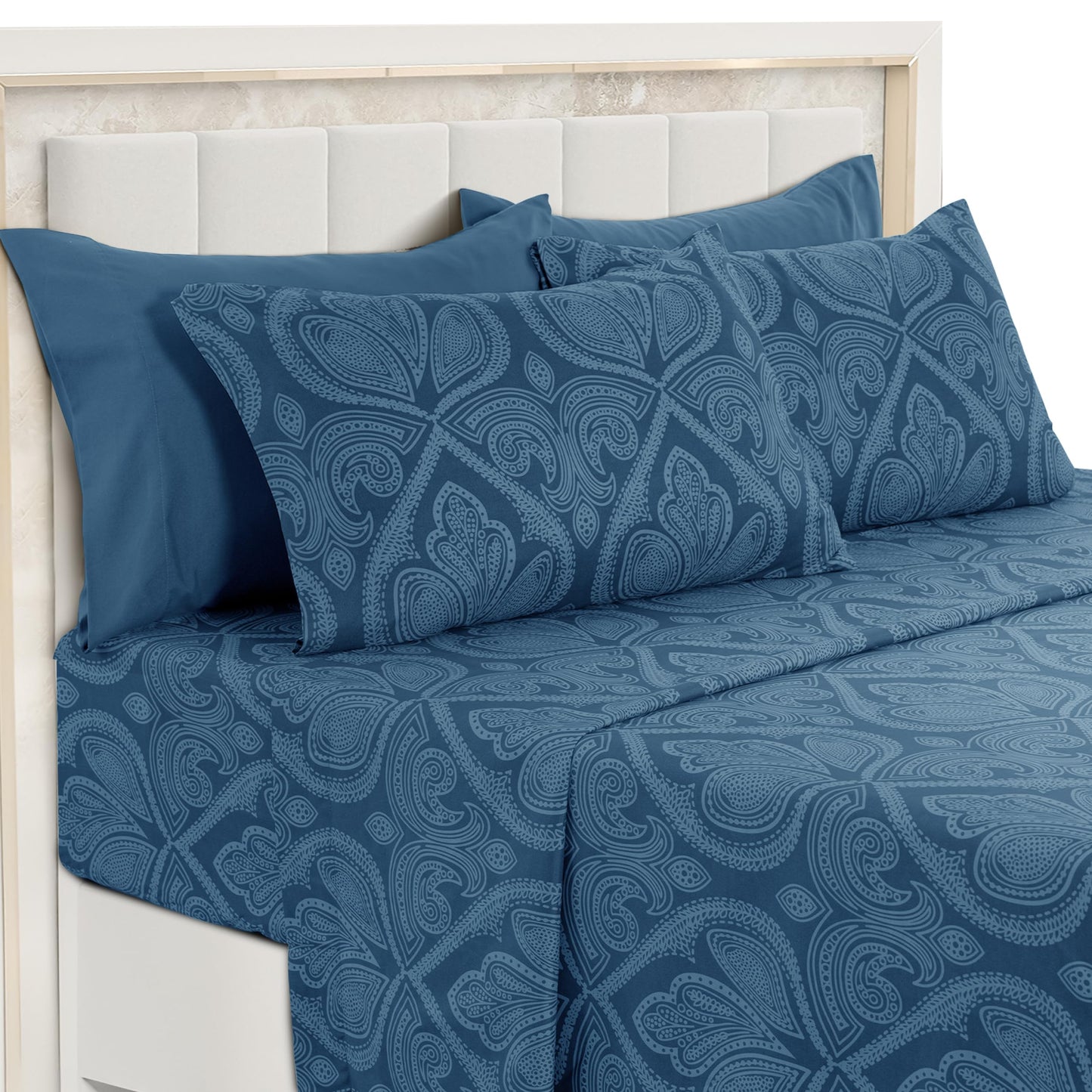 LUX Décor Paisley King Sheet Set, 6 PC Soft Microfiber Wrinkle Free Sheets - Luxurious Printed Bed Sheets Includes Flat Sheet, Fitted Sheet with Deep Pockets, & 4 Pillowcases - Navy Blue